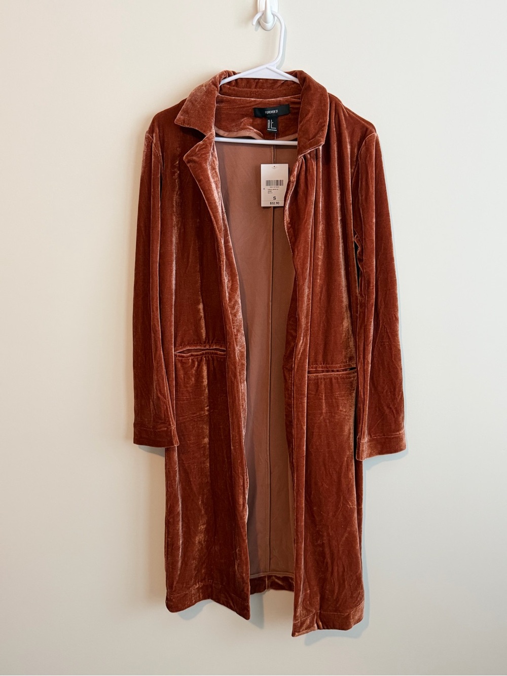 Forever 21 Rust Velvet Cardigan NWT Open Front Soft Jacket Size Small